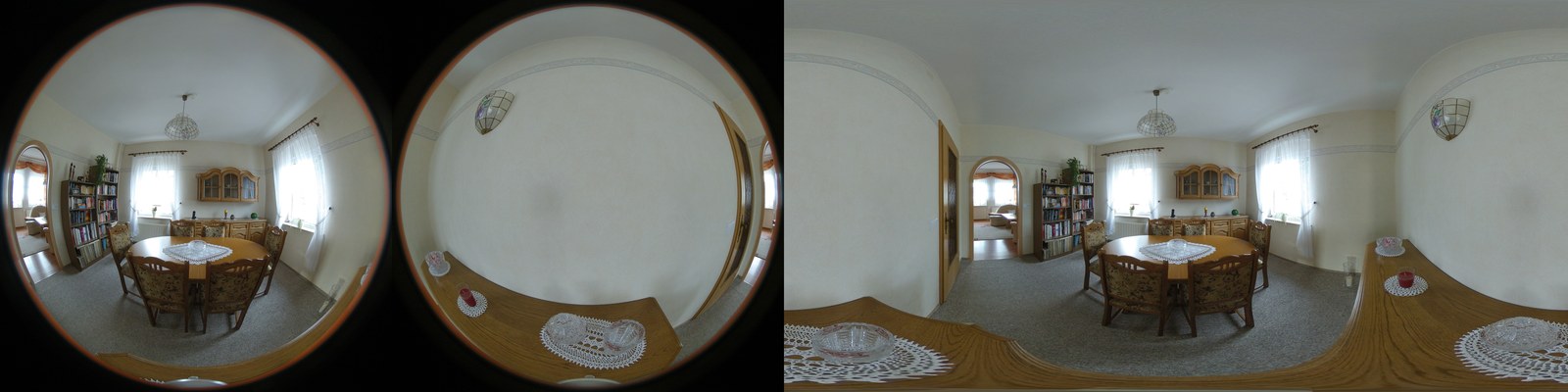 Left: a 360 camera's raw frame, two round fisheye pictures of a dining room. Right: the same frame stitched into one wide panorama of the whole room.