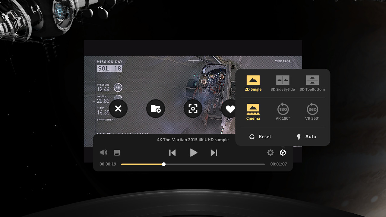 A VR video player's format panel floating over a paused film, with three choices in the top row, 2D Single, 3D SideBySide and 3D TopBottom, and three in the second, Cinema, VR 180 and VR 360, then Reset and Auto.