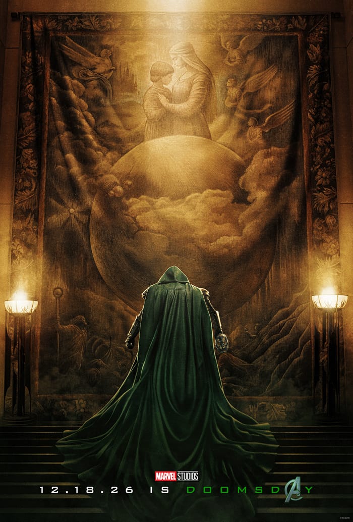The teaser poster for Avengers: Doomsday: a hooded figure in a green cloak, seen from behind, standing before a large tapestry, with the line "12.18.26 is Doomsday".