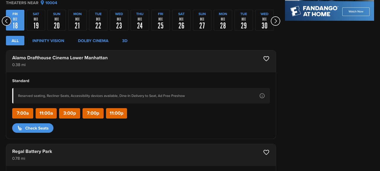 Fandango's showtimes page for Avengers: Doomsday on December 18, with a row of format filters reading All, Infinity Vision, Dolby Cinema and 3D above the first theater.