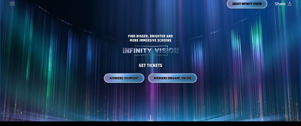 The home page of Disney's Infinity Vision site: the Infinity Vision wordmark over beams of colored light, with ticket buttons for Avengers: Doomsday and Avengers Endgame: Encore.