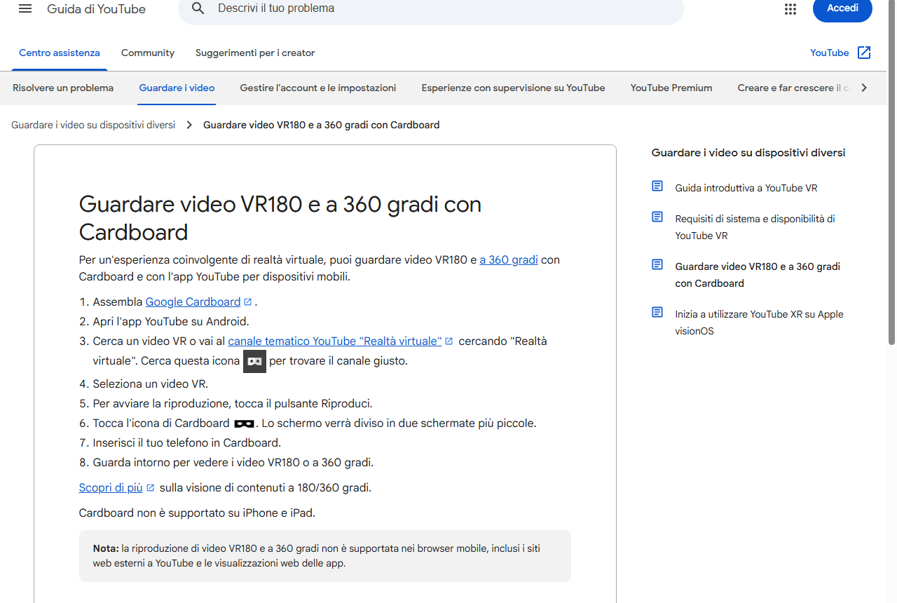 Guida di YouTube in italiano: gli otto passaggi per guardare video VR180 e a 360 gradi con Cardboard.