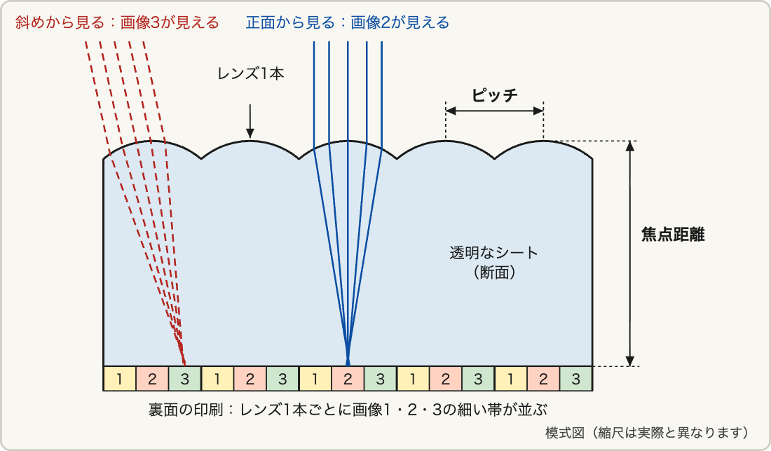 レンチキュラーシートの断面の模式図。表面にかまぼこ型のレンズが並び、裏面に画像1・2・3の細い帯が交互に印刷されている。正面から見ると画像2の帯が、斜めから見ると画像3の帯が見える。