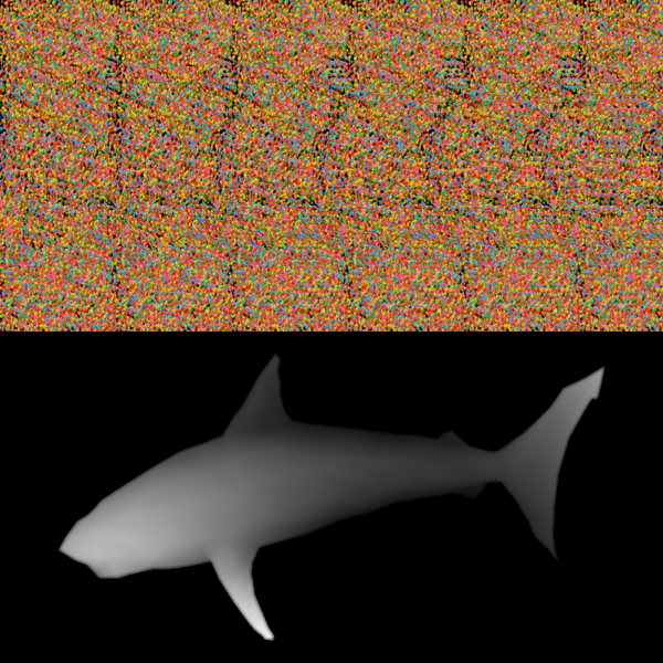 上半分は、色とりどりの細かい点が一面に並んだ画像。下半分は、黒い背景に白から灰色のグラデーションで描かれたサメ。