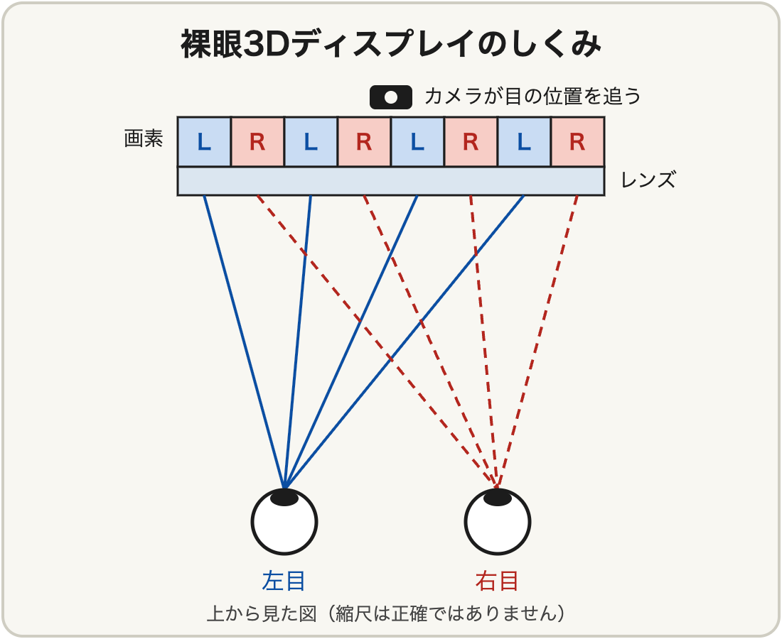 上から見た模式図。LとRの画素が交互に並び、その手前にレンズの層がある。Lの画素の光は左目へ、Rの画素の光は右目へ進む。画面の上のカメラが目の位置を追っている。