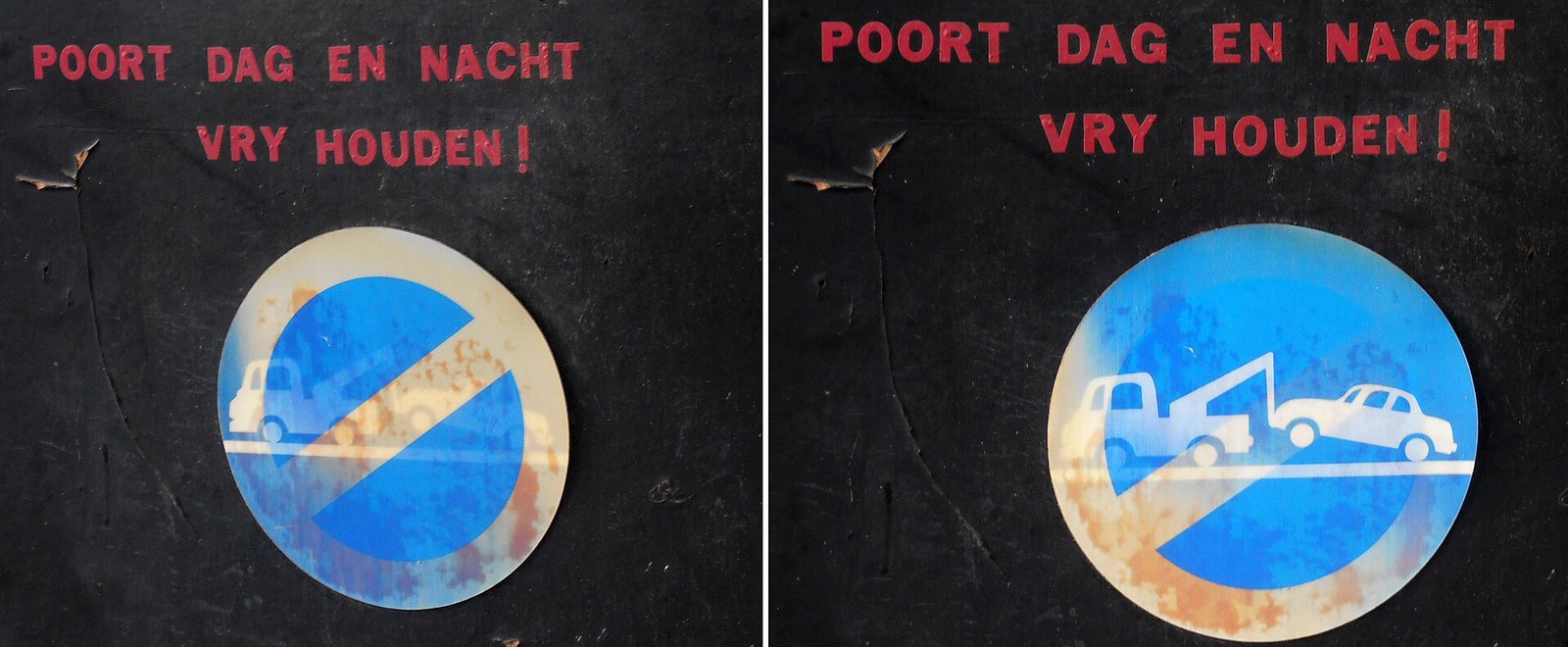 Two photographs of the same round sign on a black garage door, taken from two angles: in one it shows a blue no-parking sign, in the other a tow truck carrying off a car.