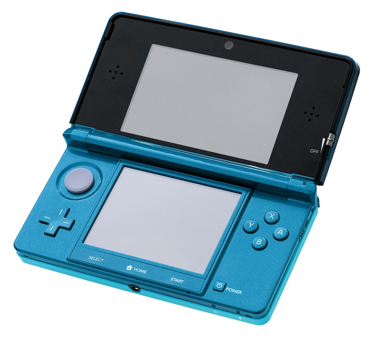 An open Nintendo 3DS handheld game console in blue, with one screen in the lid and one in the base.
