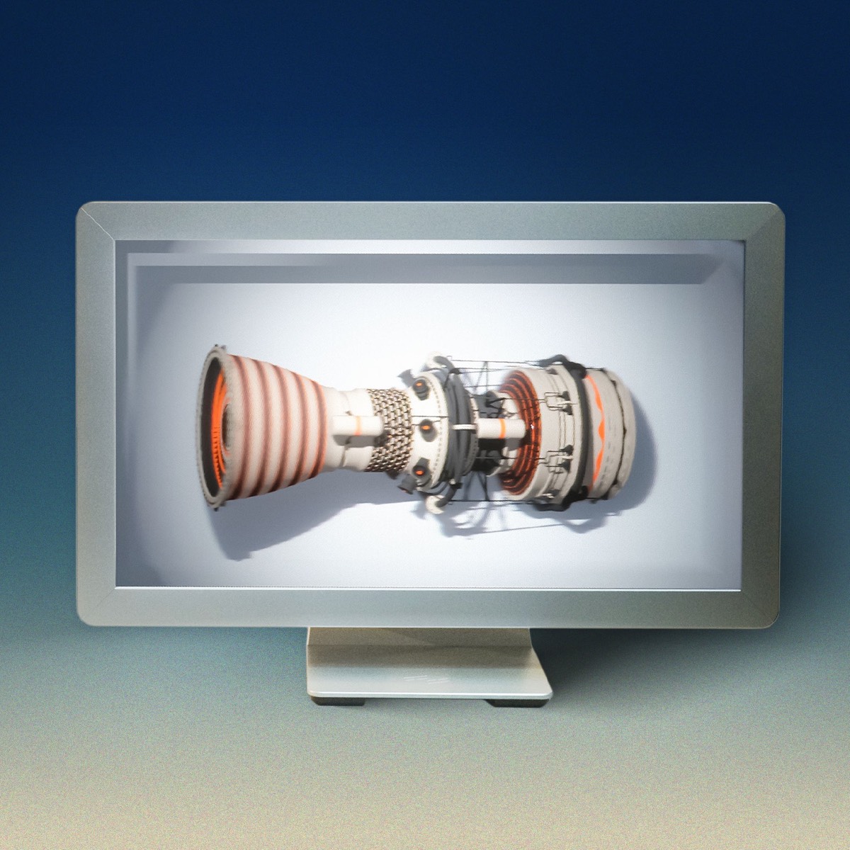 A Looking Glass 27-inch Light Field Display in landscape, showing a jet engine model.