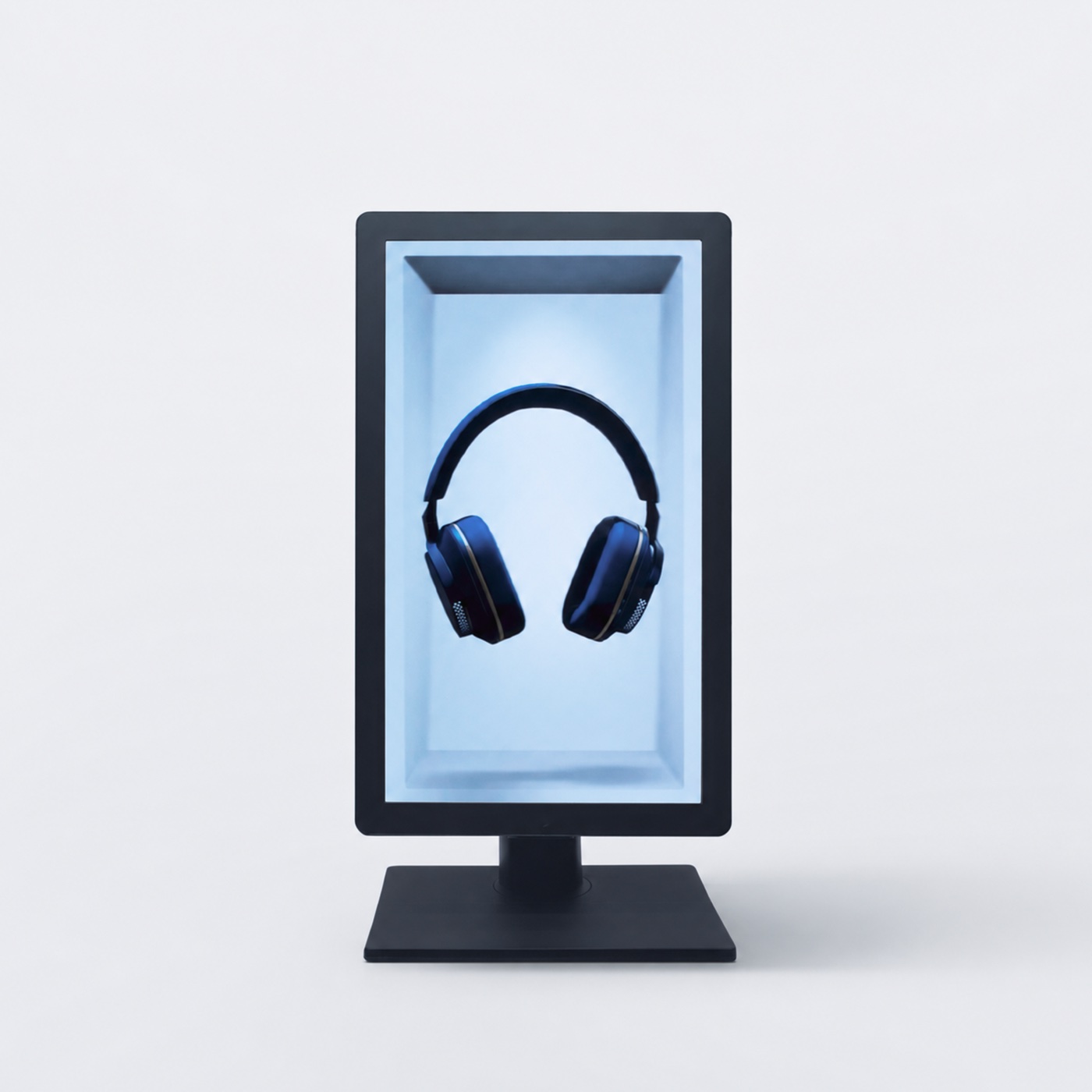 A 16-inch Hololuminescent Display on a stand, showing a pair of headphones that seem to float in a lit box.