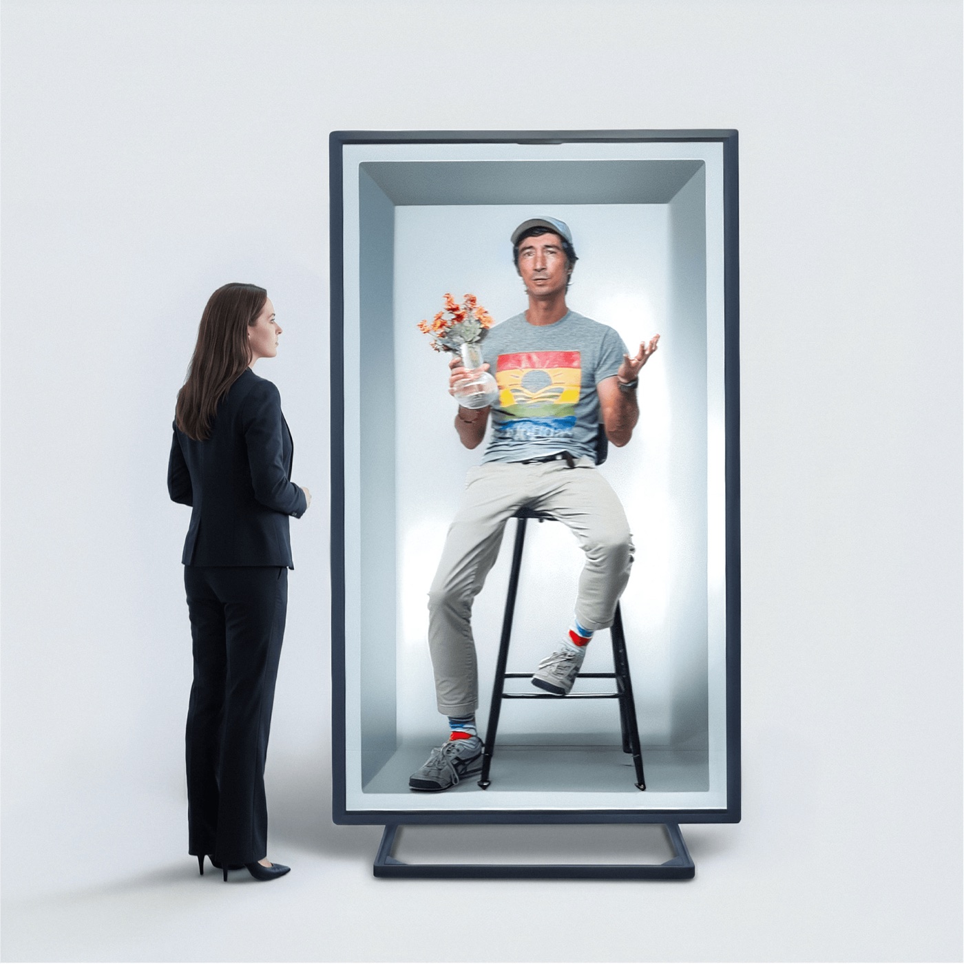 An 86-inch HLD with a person standing beside it and a life-size seated man shown inside it.