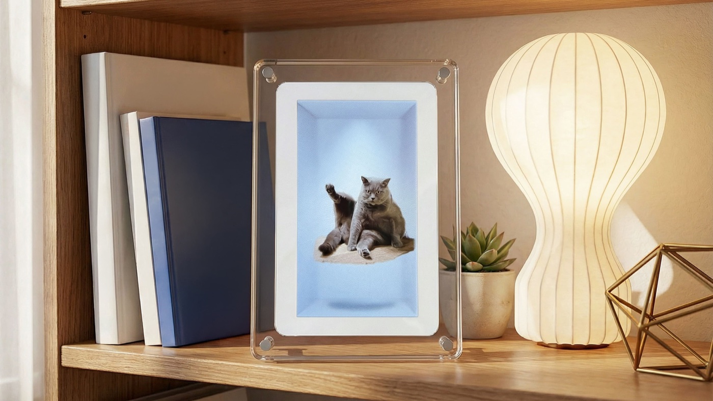 A musubi frame on a bookshelf showing a cat that appears to sit inside the frame.