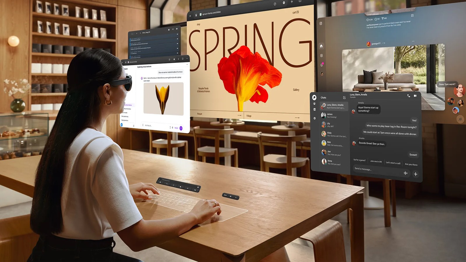 A woman wearing Meta VR Glasses at a cafe table, typing on a virtual keyboard with app windows floating in front of her.