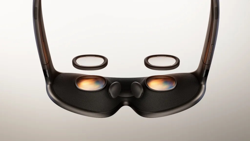 The inside of Meta VR Glasses, showing the two lenses, with two lens-shaped rings above them.