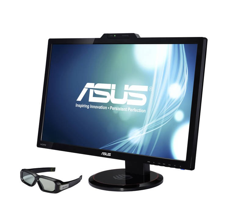 An ASUS VG278H monitor with a pair of Nvidia 3D Vision 2 glasses in front of it.