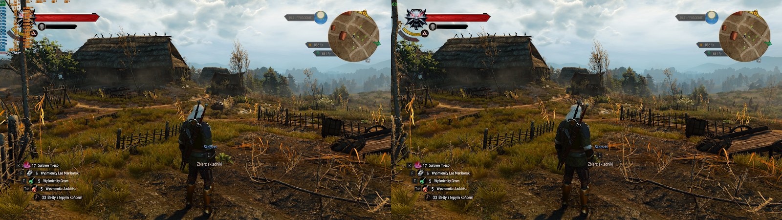 Two nearly identical frames of The Witcher 3 side by side, one for each eye, showing a character facing a thatched barn.