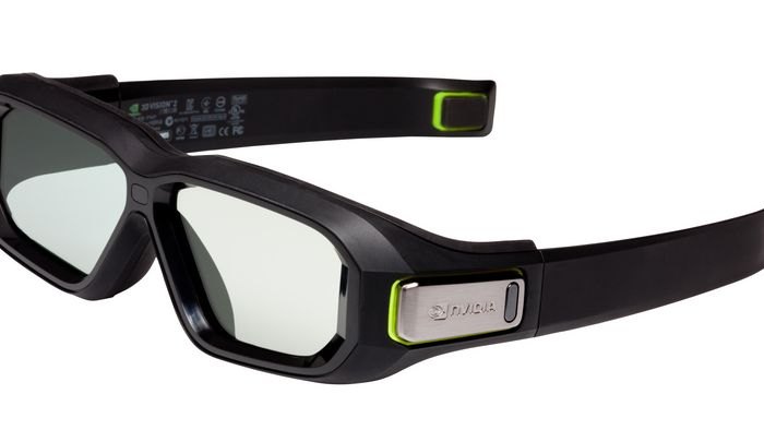 A pair of black Nvidia 3D Vision 2 active shutter glasses with green trim.