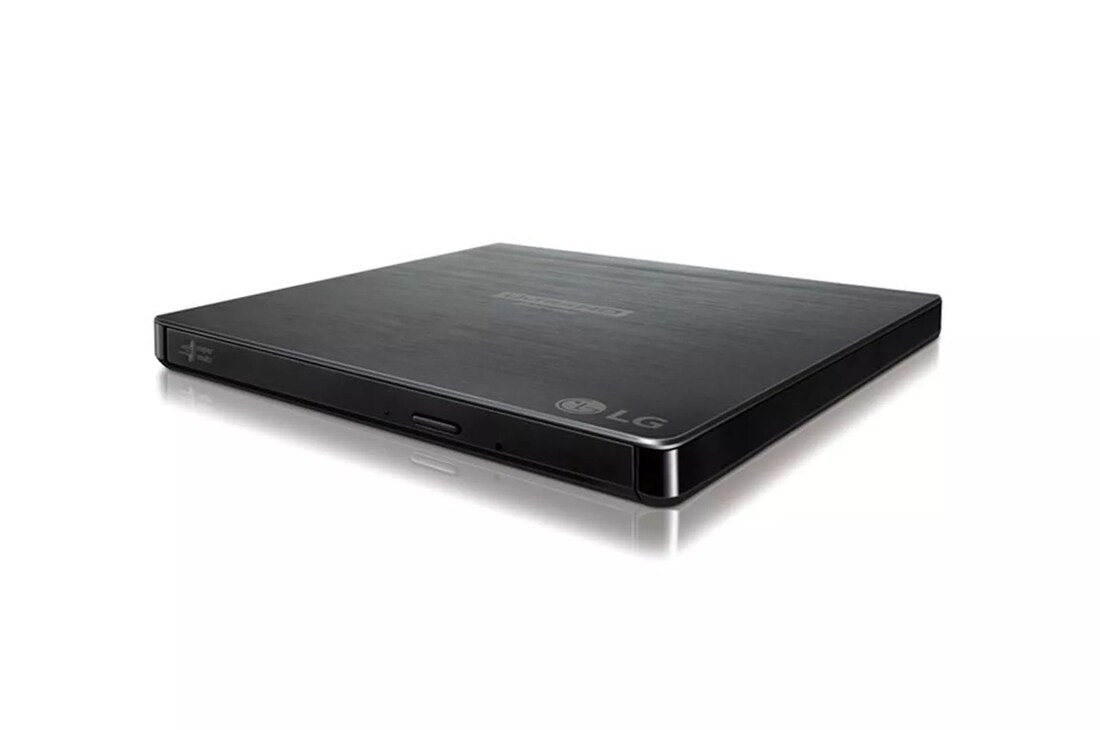 A slim black LG external Blu-ray drive seen from the front and above.