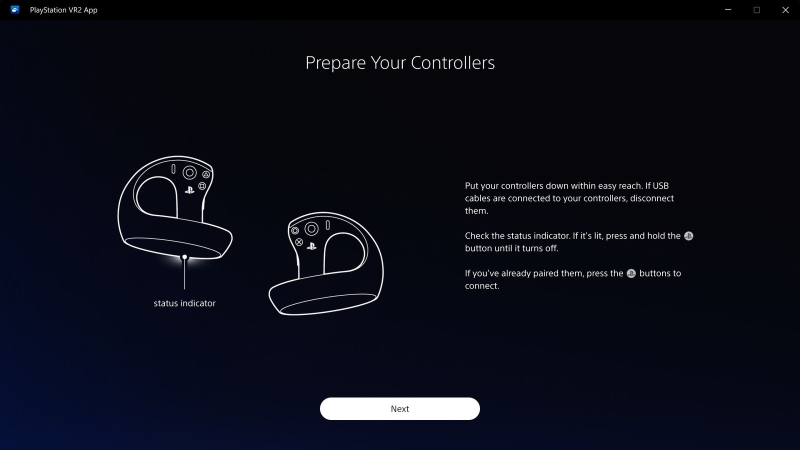 The PlayStation VR2 App's "Prepare Your Controllers" screen, with outlines of the two Sense controllers and instructions to disconnect USB cables and press the PS button.