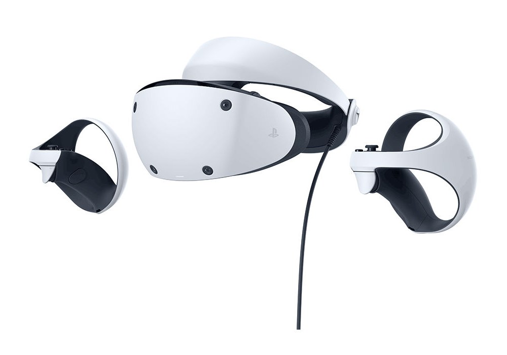The PlayStation VR2 headset, white with a black visor, between its two ring-shaped Sense controllers.