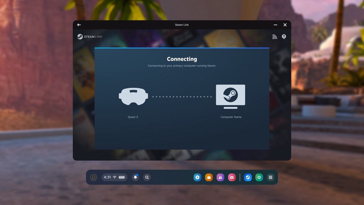 A Steam Link window inside a Quest 3 showing the word Connecting, with a headset icon labelled Quest 3 joined by a dotted line to a computer icon.