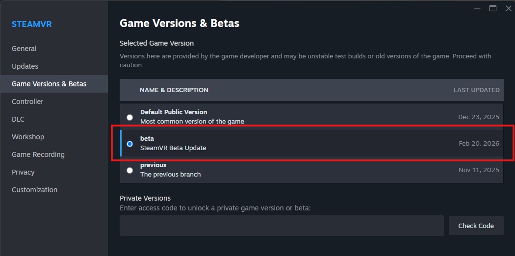 A SteamVR properties window on a PC titled Game Versions and Betas, with the row named beta, SteamVR Beta Update, selected.