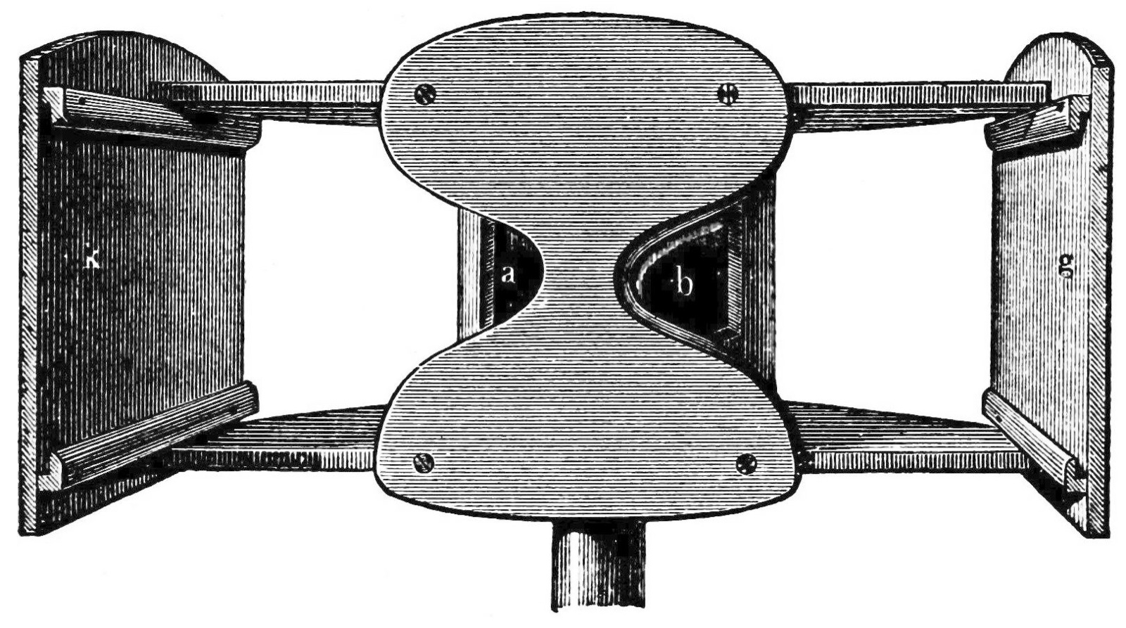 An engraving of Wheatstone's stereoscope: two upright boards at the sides and two angled mirrors at the centre.