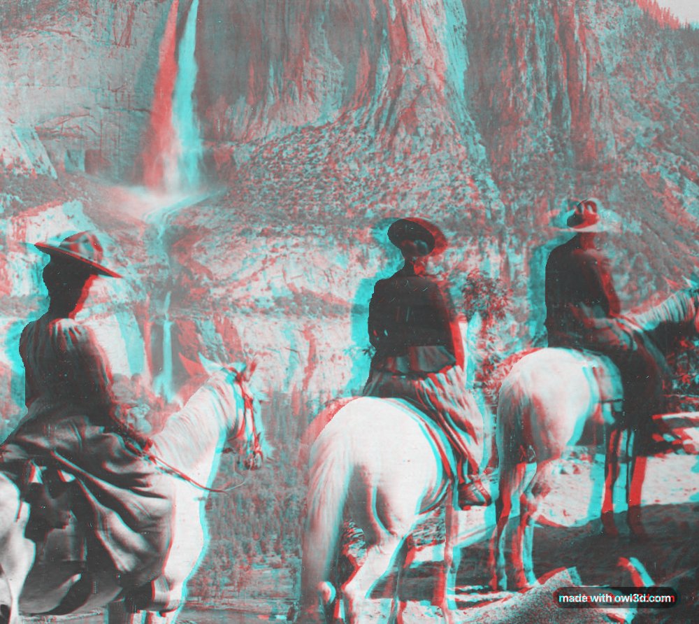 Rot-cyanes 3D-Anaglyphenbild von drei Reitern vor den Yosemite Falls, aus einem einzigen Foto erstellt.