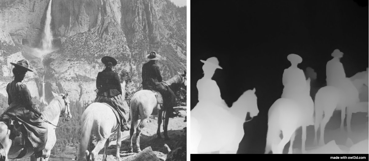 A black-and-white photo of three riders on horseback facing Yosemite Falls, and beside it the depth map this tool made from it: the riders and horses in light grey, the valley and the falls behind them black.