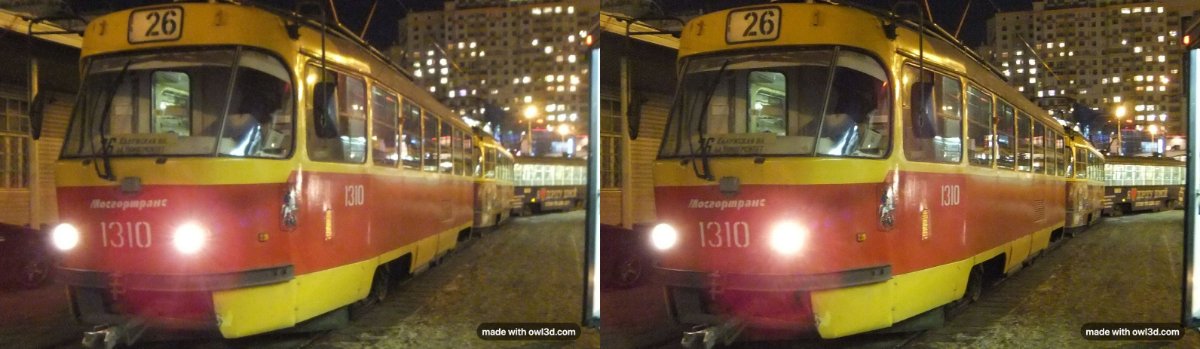 The same night-time photo of a red and yellow tram twice, side by side, arranged for cross-eyed viewing, with a small "made with owl3d.com" label in the bottom corner of each half.