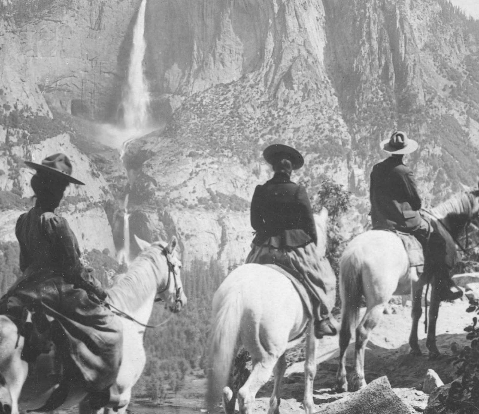 Riders on horseback facing Yosemite Falls, from a 1901 stereograph: the right eye's view