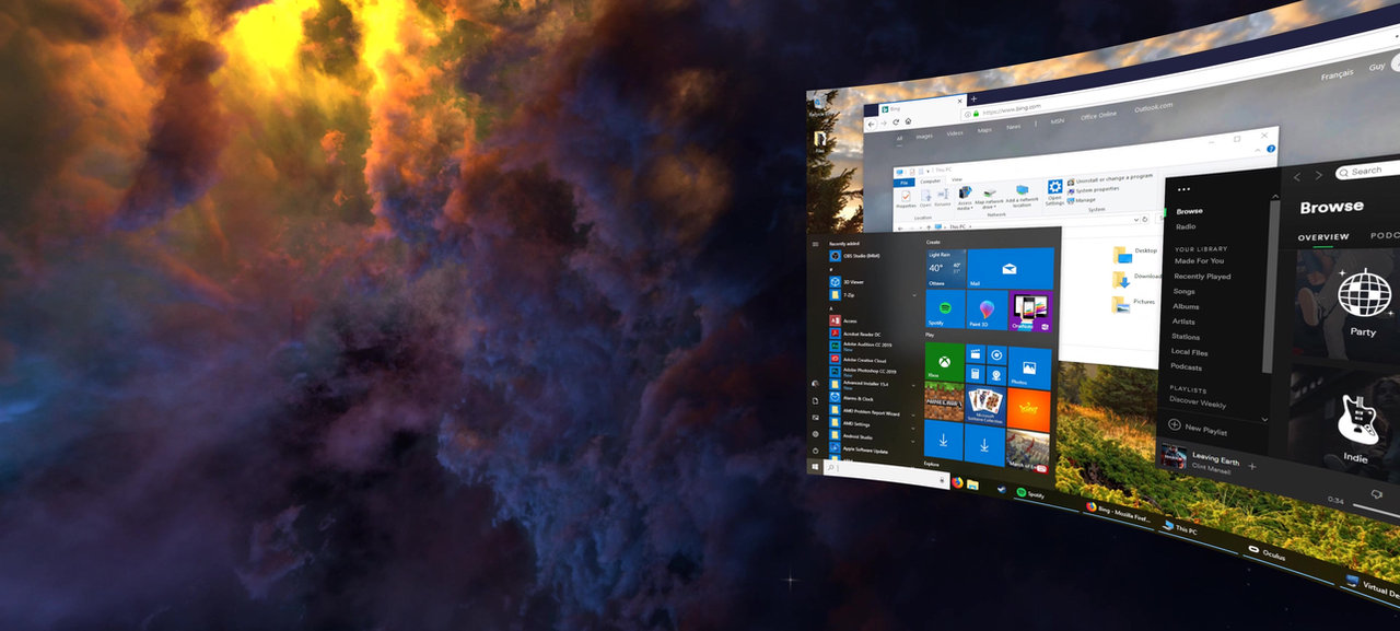 A Windows desktop with a Start menu, a browser and a music app on a wide curved screen floating in a starry space scene.