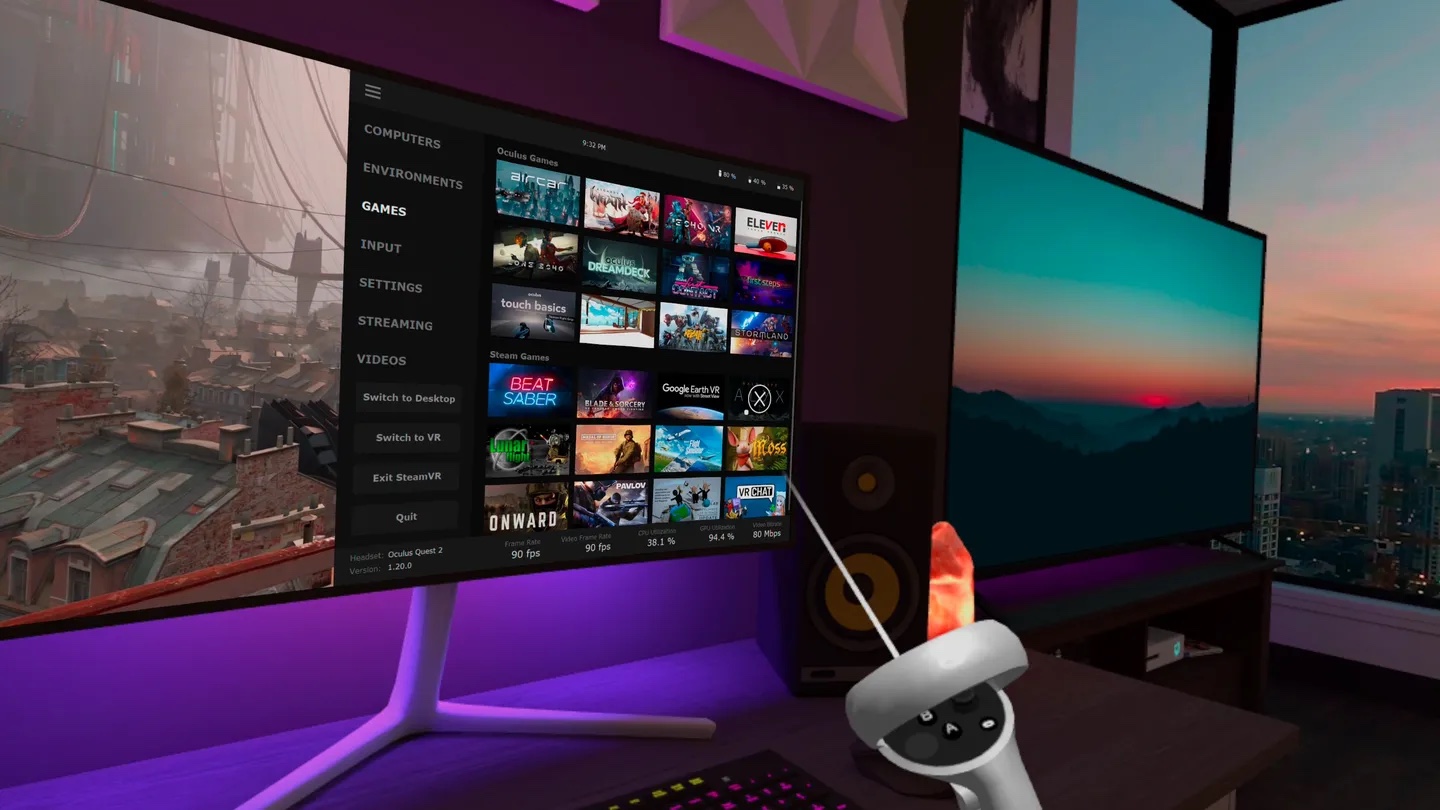 A menu inside a VR headset with rows of game covers labelled Oculus Games and Steam Games, and a hand controller pointing at it.