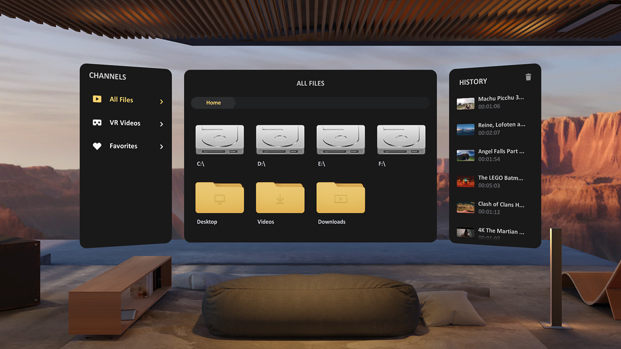 The file browser of a VR video player floating in a virtual room: drives and folders in the middle, a list of recently played videos on the right.