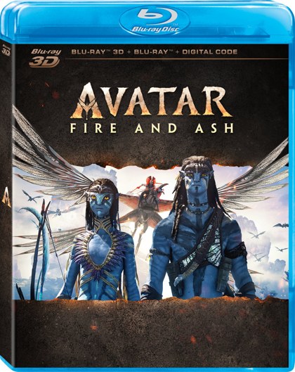 The case of the Avatar: Fire and Ash 3D Blu-ray, with a band across the top that reads Blu-ray 3D + Blu-ray + Digital Code.