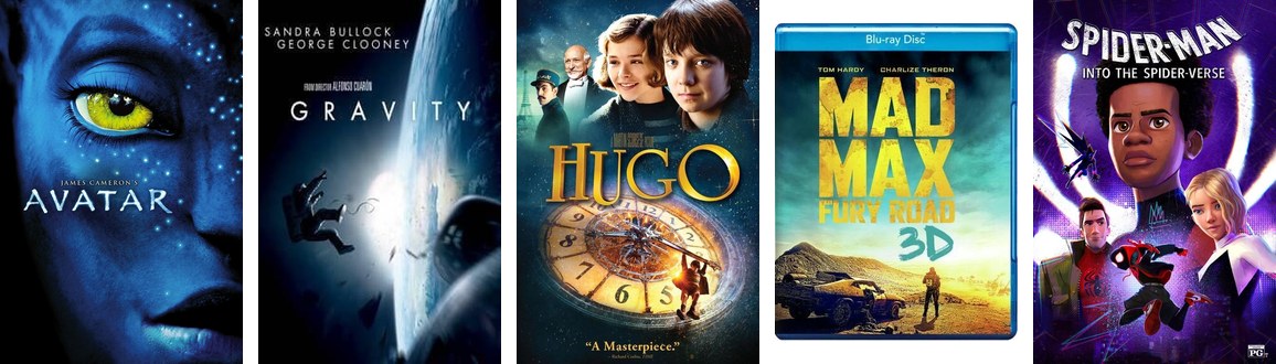 Five film posters and disc covers in a row: Avatar, Gravity, Hugo, Mad Max: Fury Road 3D and Spider-Man: Into the Spider-Verse.