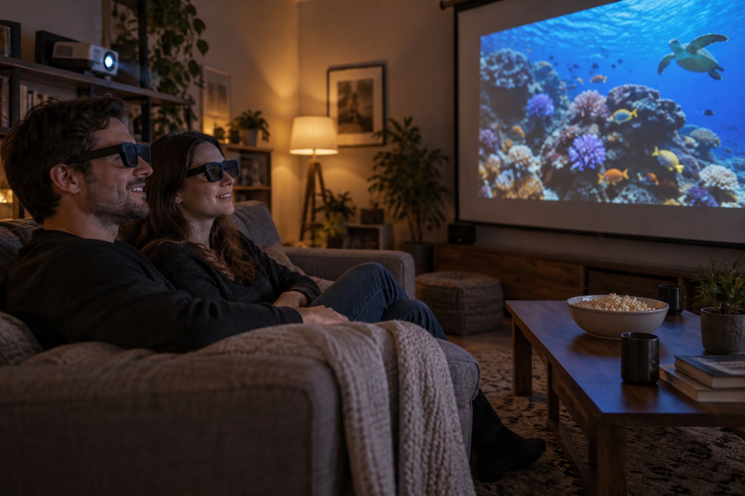 Two people on a sofa in a living room at night, both wearing 3D glasses, watching an underwater scene on a projector screen.