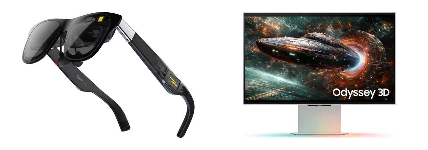 A pair of black XREAL One video glasses beside a Samsung Odyssey 3D monitor showing a spaceship.