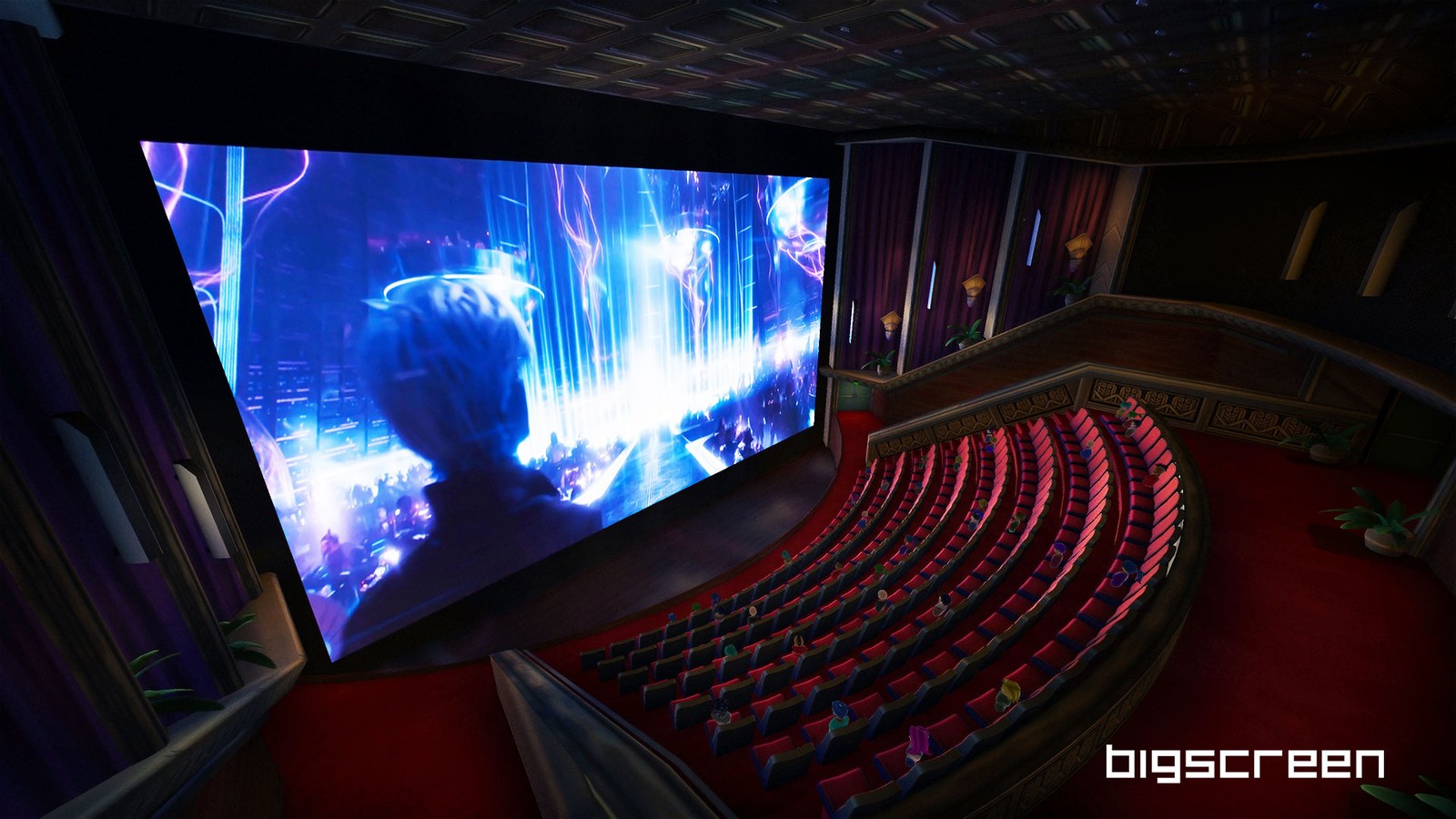 A virtual cinema seen from its balcony, with a film playing on the large screen above rows of red seats.