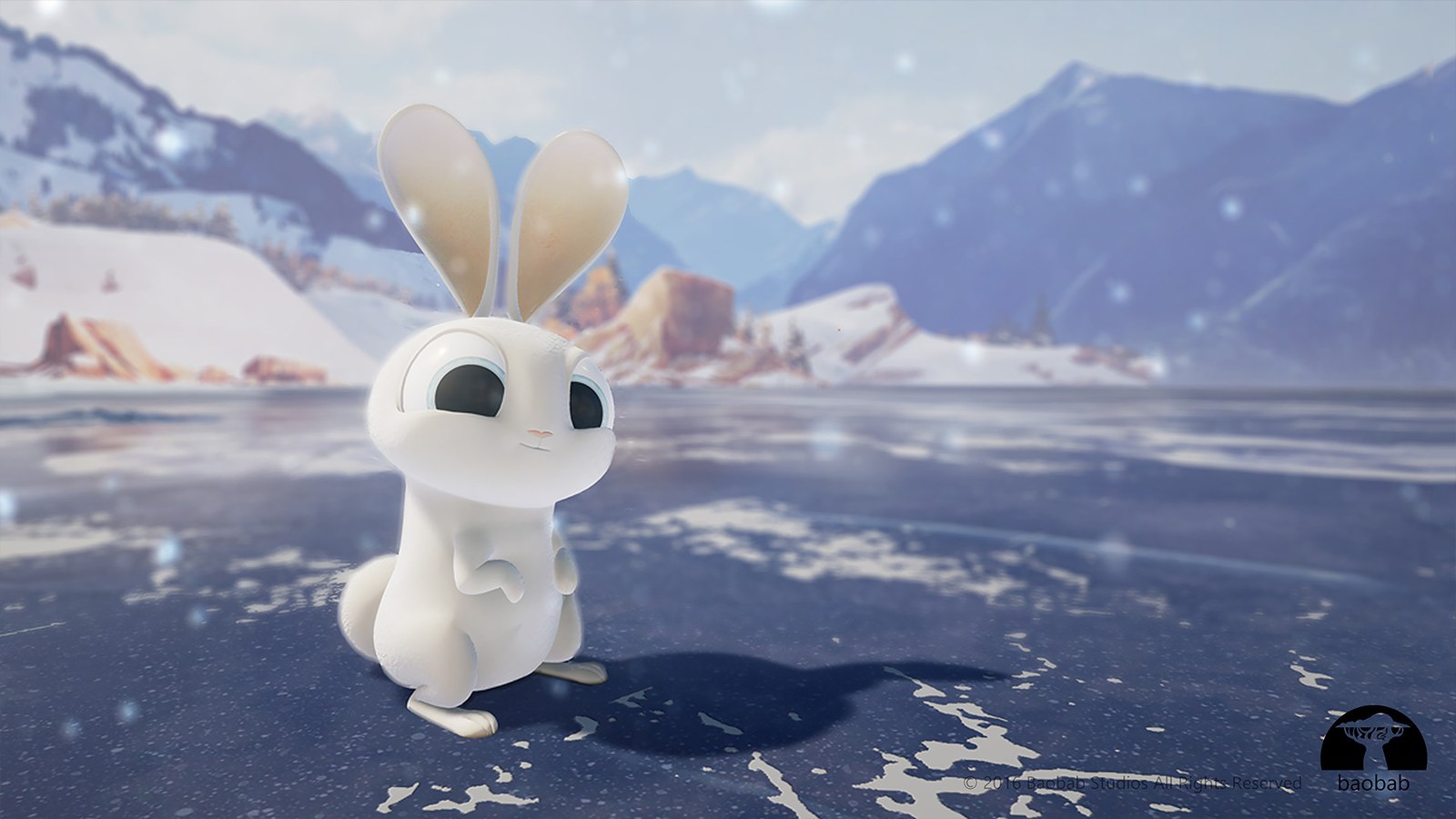 A white cartoon bunny standing on a frozen lake in front of snowy mountains.