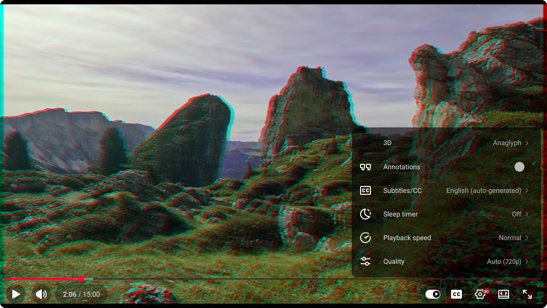 A YouTube player showing a mountain landscape with red and cyan fringes, and the settings menu open with a 3D row set to Anaglyph.
