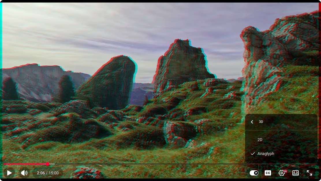 The same YouTube player with the 3D submenu open, listing two choices: 2D and Anaglyph, with Anaglyph ticked.