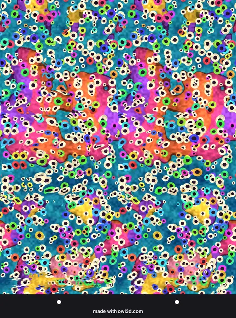 Colourful coral-reef stereogram hiding a 3D animal; answer: a sea turtle
