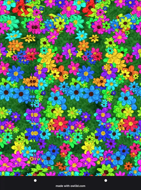 Colourful flower-pattern stereogram hiding a 3D animal; answer: a butterfly