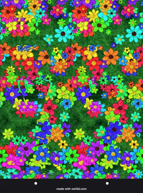 Colourful flower-pattern stereogram hiding a 3D message; answer: the word LOVE