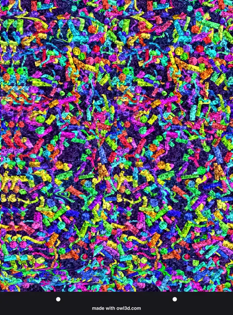 Colourful confetti-pattern stereogram hiding a 3D message; answer: the word WOW