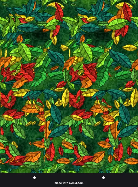 Colourful leaf-pattern stereogram hiding a 3D animal; answer: an owl on a branch