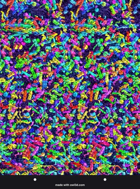 Colourful confetti-pattern stereogram hiding a 3D animal; answer: a cat sitting up