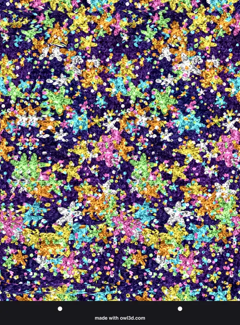 Colourful starry-sky stereogram hiding a 3D space scene; answer: a rocket among the planets and stars