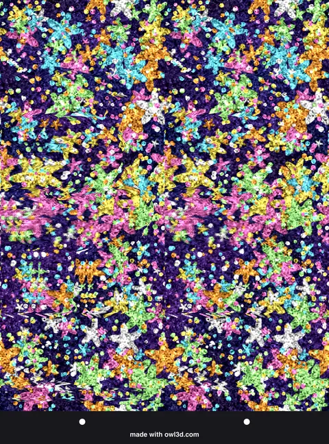 Colourful starry-sky stereogram hiding a 3D space scene; answer: an astronaut's helmet