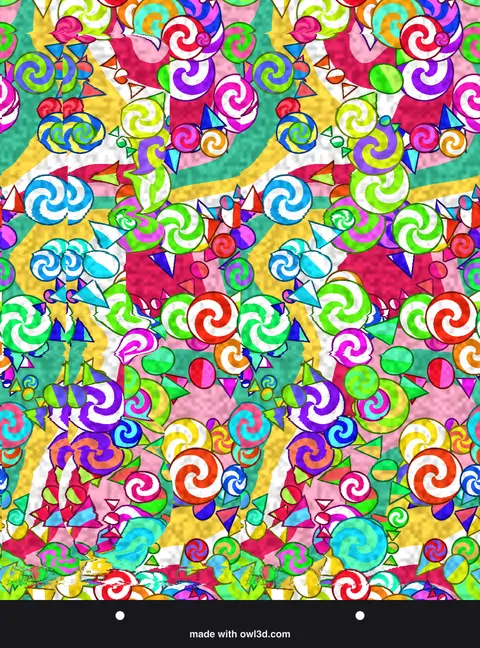 Colourful candy-pattern stereogram hiding a 3D message; answer: the word HELLO